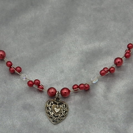 Halskette Damen Trachtenkette rot weinrot Herz weiß transparent