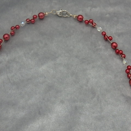 Halskette Damen Trachtenkette rot weinrot Herz weiß transparent