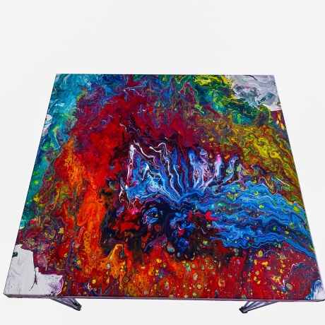 Couchtisch Acryl Pouring Handarbeit bunt rot blau weiß gelb grün