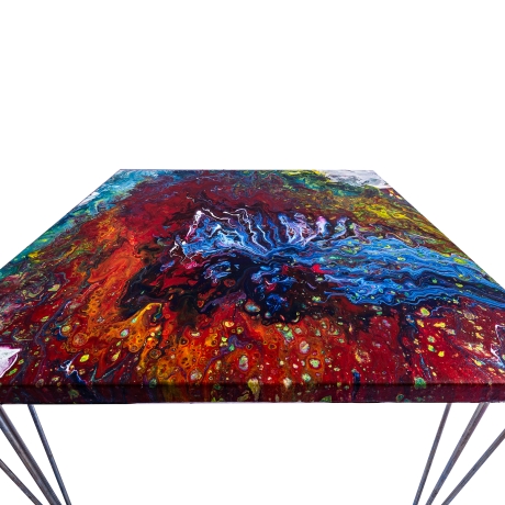 Couchtisch Acryl Pouring Handarbeit bunt rot blau weiß gelb grün
