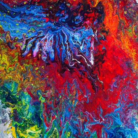 Couchtisch Acryl Pouring Handarbeit bunt rot blau weiß gelb grün