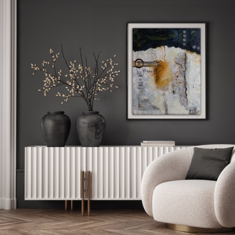 Mixed Media, Leinwand, Abstrakte Acrylmalerei, blau weiß orange