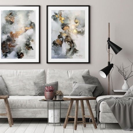 “Silent Glow” Alkohol Ink Bild Schwarz, Grau, Gold, Weiß