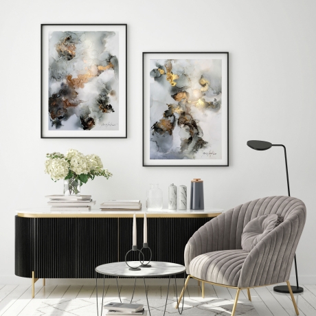 “Silent Glow” Alkohol Ink Bild Schwarz, Grau, Gold, Weiß