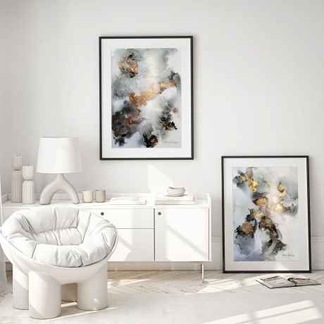 “Silent Glow” Alkohol Ink Bild Schwarz, Grau, Gold, Weiß