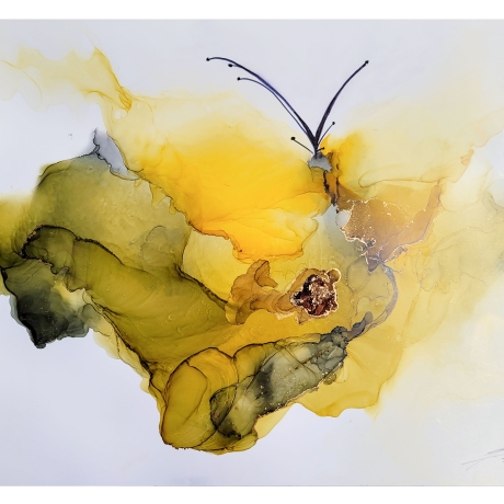“Butterfly Whisper”- Alkohol Ink Bild, Gelb, Grün, Gold