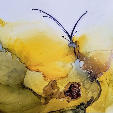 “Butterfly Whisper”- Alkohol Ink Bild, Gelb, Grün, Gold