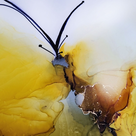 “Butterfly Whisper”- Alkohol Ink Bild, Gelb, Grün, Gold