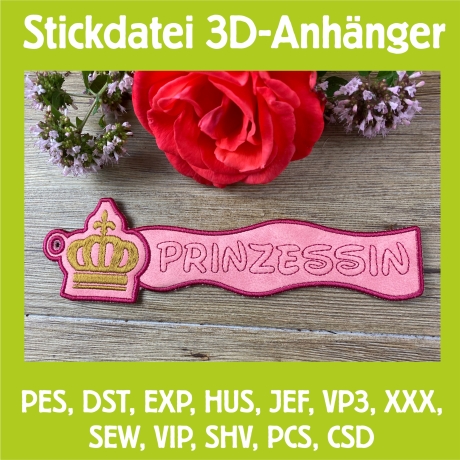 Stickdatei 3D-Anhänger PRINZESSIN, 3D-Stick, Lesezeichen