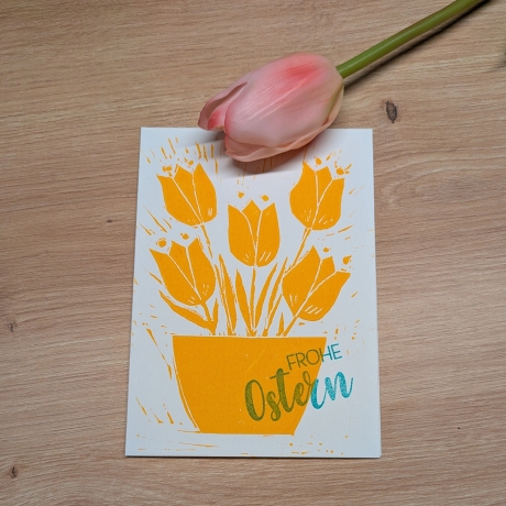 Osterkarte Linoldruck - Blumentopf indischgelb