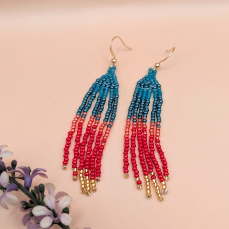 Handgemachte Perlen Fransenohrringe Teal, Candy red 7 cm