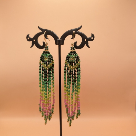 Boho Fransen-Ohrringe Ombré:Dunkelgrün,Chartreuse, Rose  8 cm