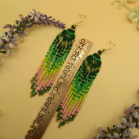 Boho Fransen-Ohrringe Ombré:Dunkelgrün,Chartreuse, Rose  8 cm