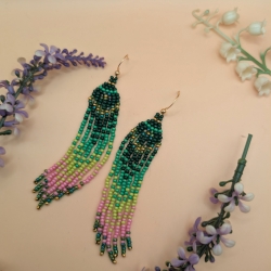 Boho Fransen-Ohrringe Ombré:Dunkelgrün,Chartreuse, Rose  8 cm