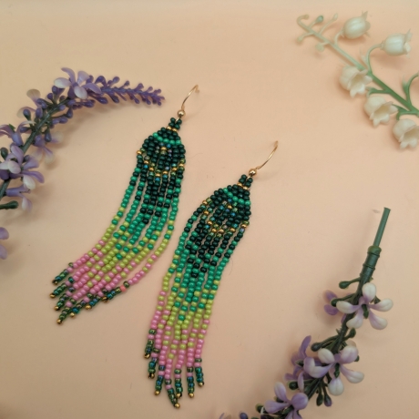Boho Fransen-Ohrringe Ombré:Dunkelgrün,Chartreuse, Rose  8 cm