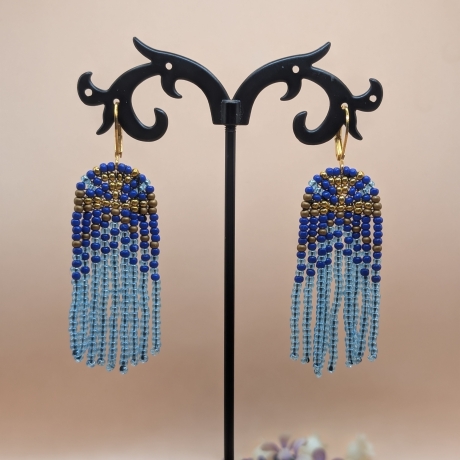 Boho Fransenohrringe Blau-Gold  Handgemacht ,Statement 