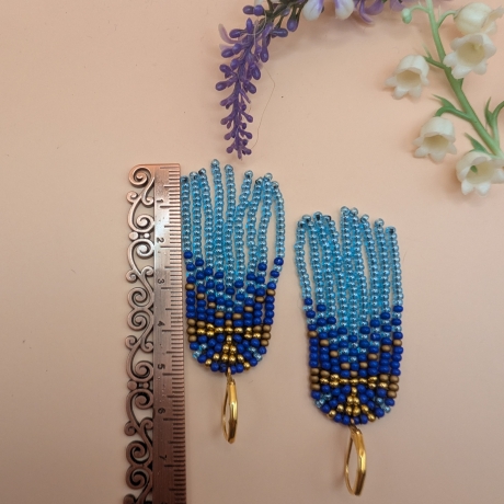 Boho Fransenohrringe Blau-Gold  Handgemacht ,Statement 