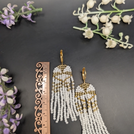 Boho Fransenohrringe Weiß-Gold  Handgemacht ,Statement 