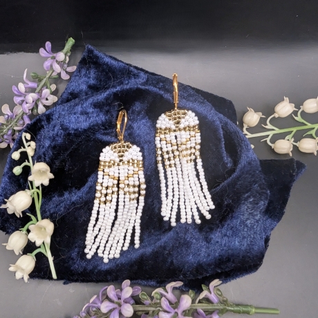 Boho Fransenohrringe Weiß-Gold  Handgemacht ,Statement 