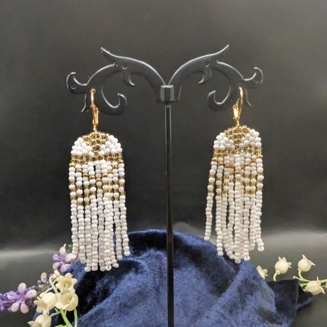 Boho Fransenohrringe Weiß-Gold  Handgemacht ,Statement 