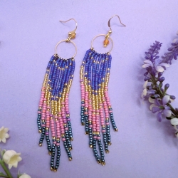 Ombre Fringe Ohrringe 9 cm – Boho Perlenohrringe Blau Rosa Gold