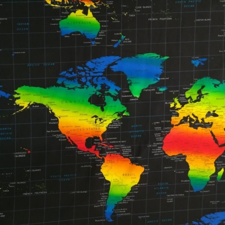 Patchworkbaumwolle schwarz mit bunter Weltkarte✂ 0,1 m