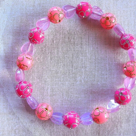 Perlenarmband♥Rosa & Pink♥mit lila Herzchen-Motivperlen♥