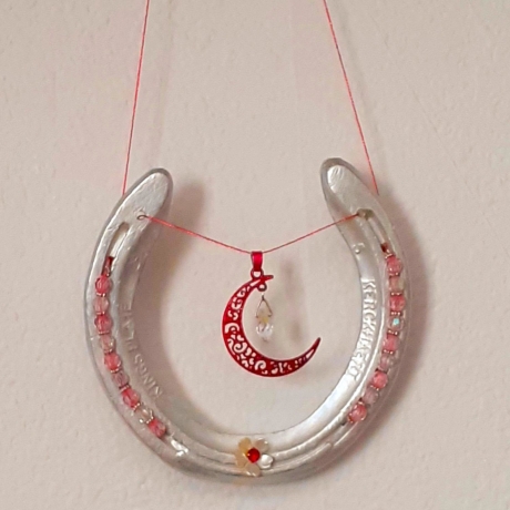 Echtes Hufeisen vom Pferd Glücksbringer Wandschmuck Weiß-Pink