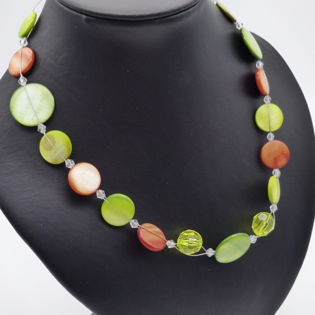 Halskette Perlmuttdrops, grün, orange, 45 cm, 2 fädig, Scheiben