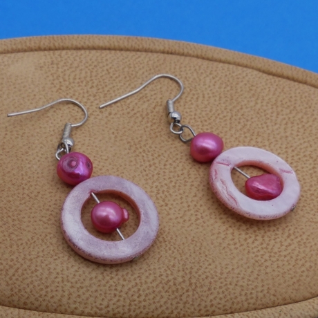 Ohrhänger, Perlmuttohrringe, rosa, rose, Ringe, Perlen, ca. 6 cm