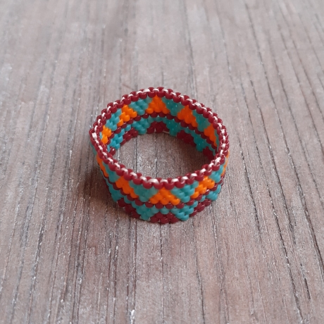 Ring aus Miyuki Delicas, türkis/braun/orange, Unikat