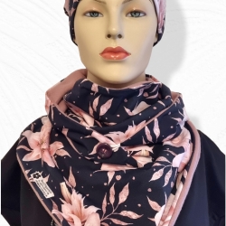 Beanie Knopfschal Set Blätter rosa blau Beanie Knopfschal Set Blätter rosa blau