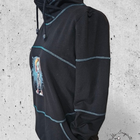 Hoodie Loopwickelkragen schwarz mit Petrolabgesetzt