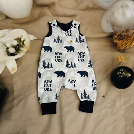 Strampler Baby Junge Bär I Strampelanzug grau blau Abenteuer