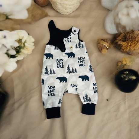 Strampler Baby Junge Bär I Strampelanzug grau blau Abenteuer