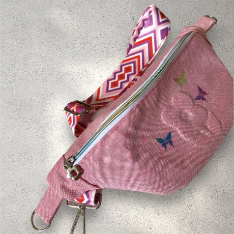 Crossbody Bag Bauchtasche aus Canvas Flower rosa mit Gurtband