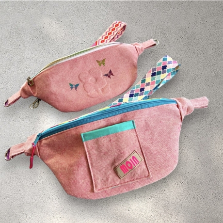 Crossbody Bag Bauchtasche aus Canvas Flower rosa mit Gurtband