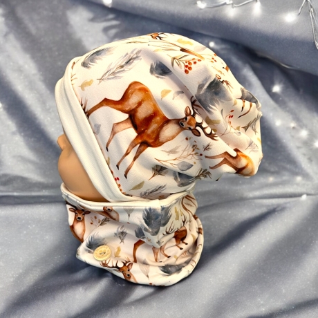 Mütze und Loop Set Mädchen Hirsche weiß Mütze Jersey Halssocke