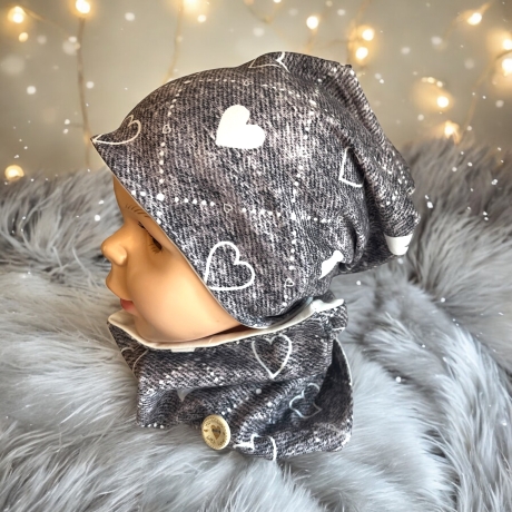 Mütze und Loop Set Mädchen grau weiß Herzen Mütze Jersey Trachten