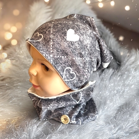 Mütze und Loop Set Mädchen grau weiß Herzen Mütze Jersey Trachten