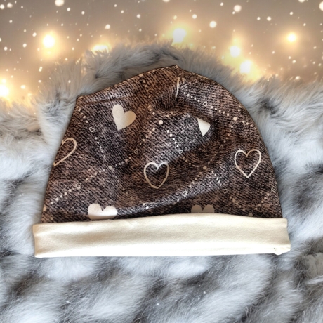 Mütze und Loop Set Mädchen grau weiß Herzen Mütze Jersey Trachten