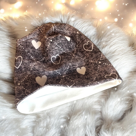 Mütze und Loop Set Mädchen grau weiß Herzen Mütze Jersey Trachten