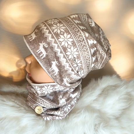 Mütze Loop Set Mädchen Norweger Muster weiß beige Mütze Jersey