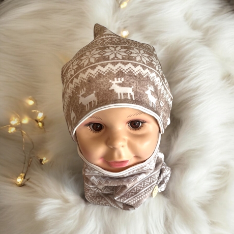 Mütze Loop Set Mädchen Norweger Muster weiß beige Mütze Jersey