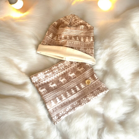 Mütze Loop Set Mädchen Norweger Muster weiß beige Mütze Jersey