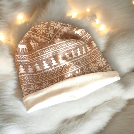 Mütze Loop Set Mädchen Norweger Muster weiß beige Mütze Jersey
