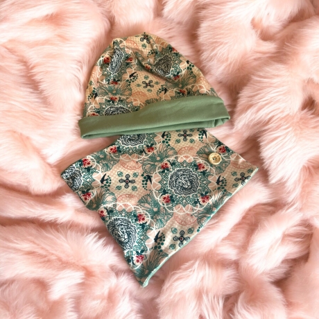Mütze und Loop Set Mädchen zartes Muster rosa petrol Mütze Jersey