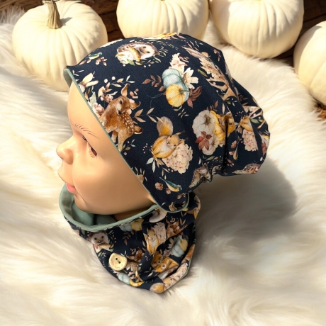 Mütze und Loop Set Kinder Waldtiere Kürbisse Mütze Jersey Schal