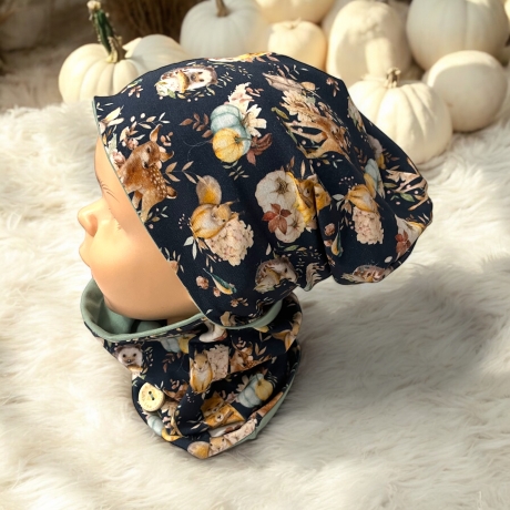 Mütze und Loop Set Kinder Waldtiere Kürbisse Mütze Jersey Schal