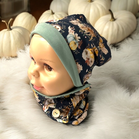 Mütze und Loop Set Kinder Waldtiere Kürbisse Mütze Jersey Schal